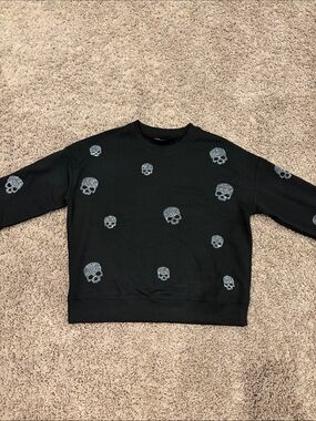 Marled Black Crewneck Sweater with Silver Skull Accents